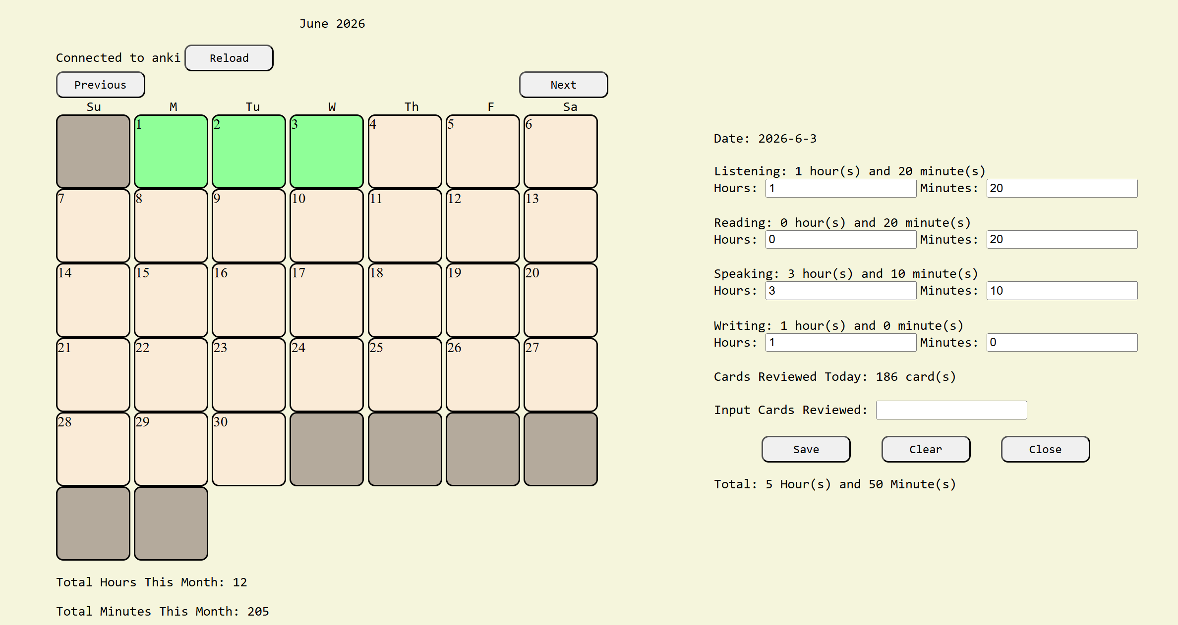 Language Learning Tracker Display Time